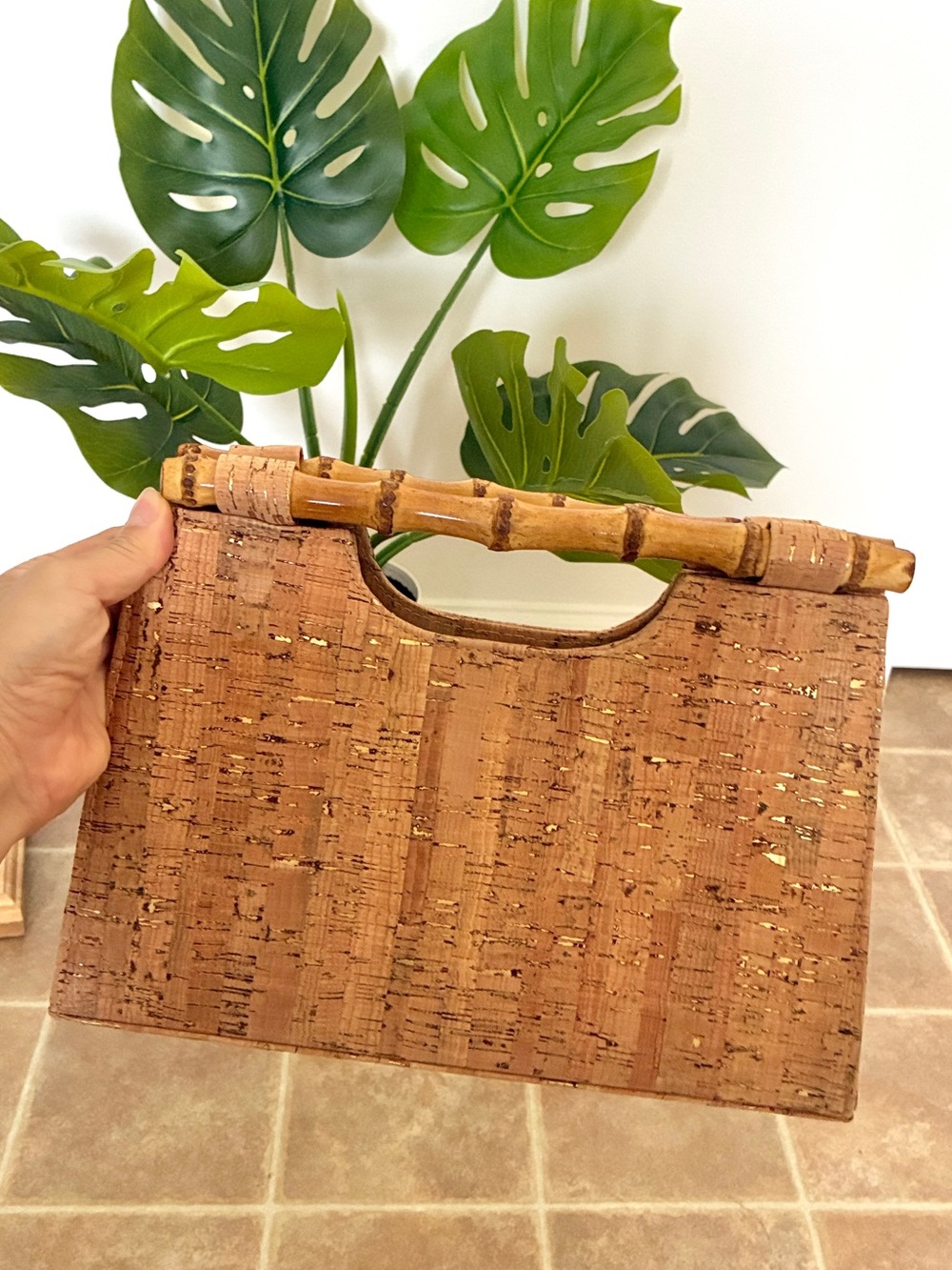 Handheld Cork Clutch with Bamboo Handle - Natural Brown